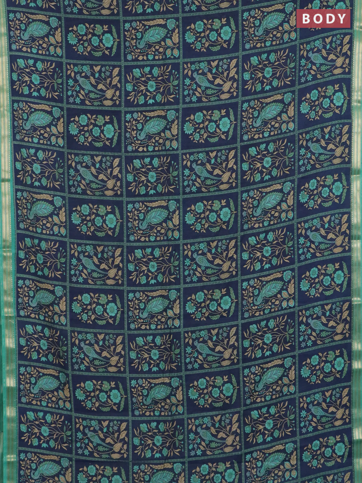 Muslin silk saree navy blue and teal green with allover prints and zari woven border - Image 2