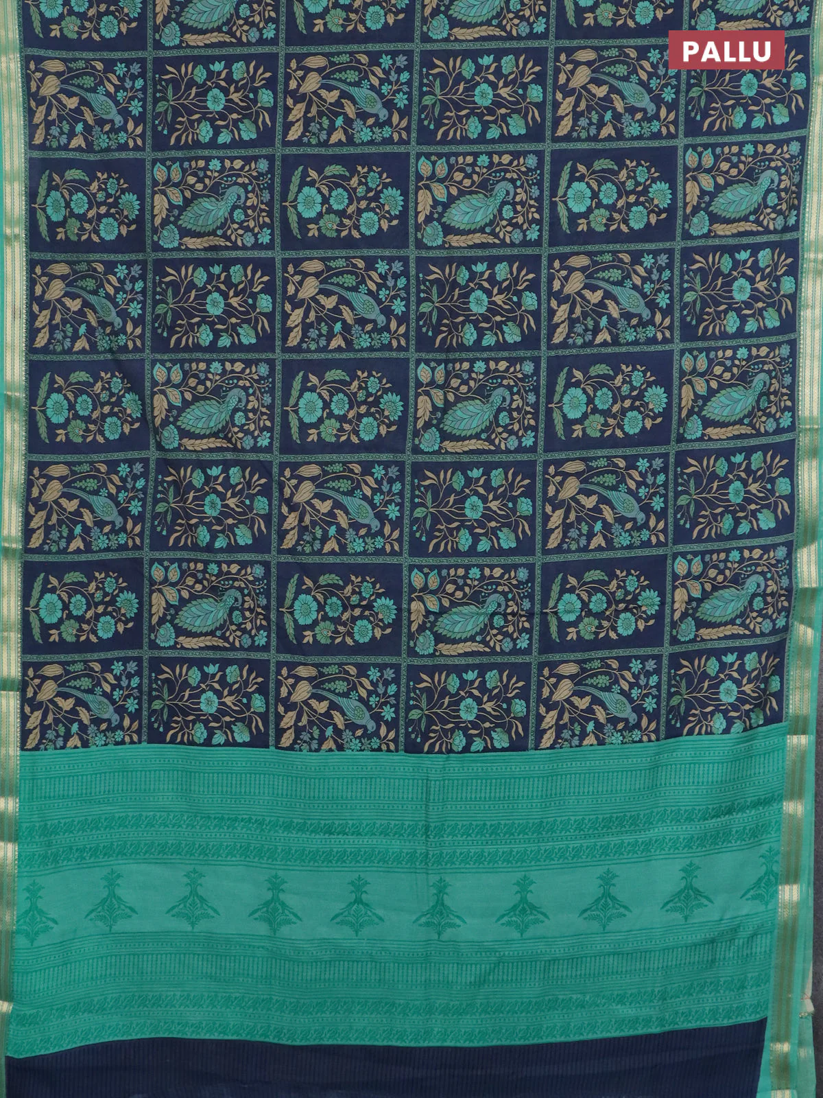 Muslin silk saree navy blue and teal green with allover prints and zari woven border - Image 3