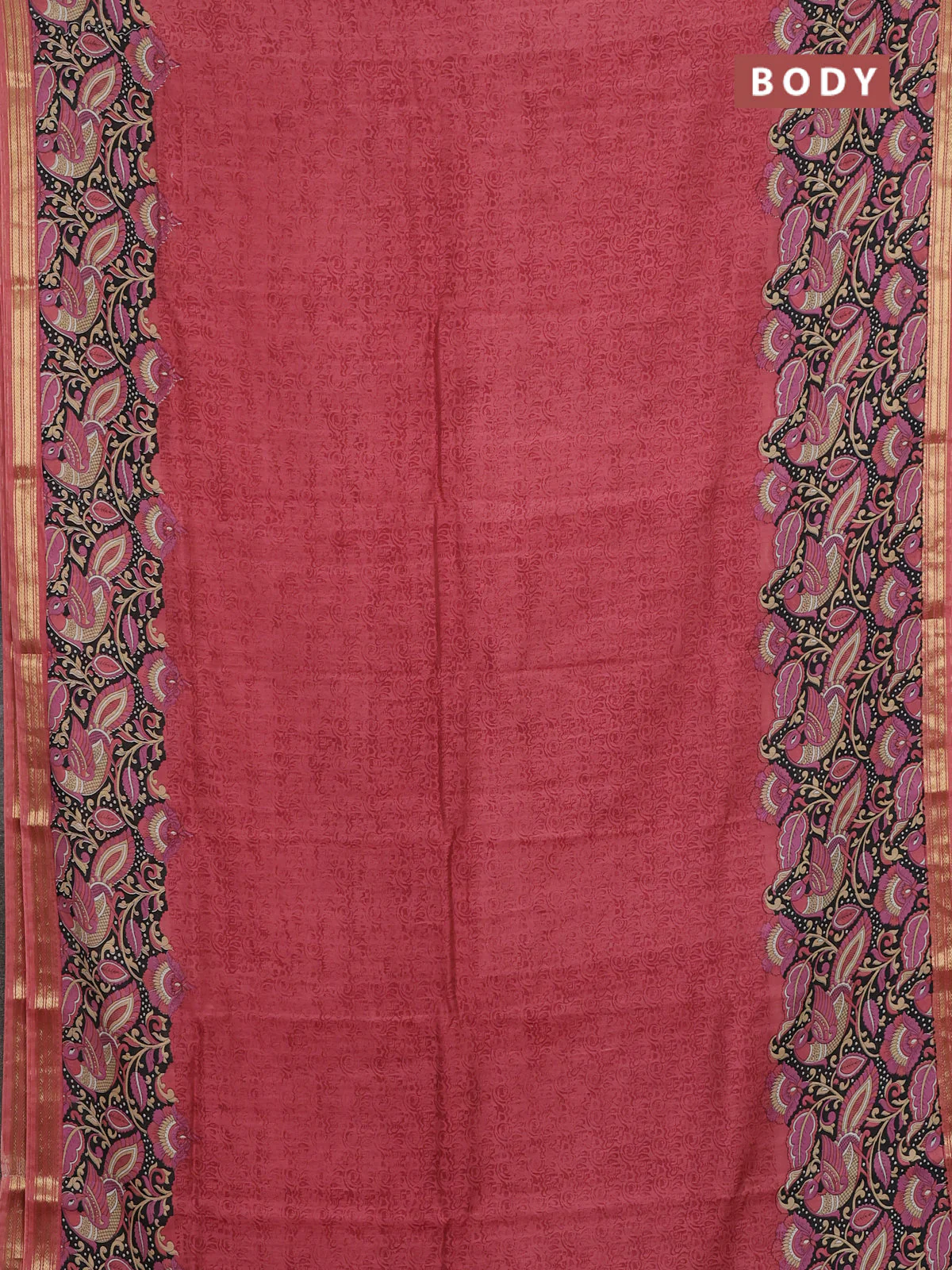 Muslin silk saree pastel maroon and black with allover prints and long kalamkari printed zari border - Image 2