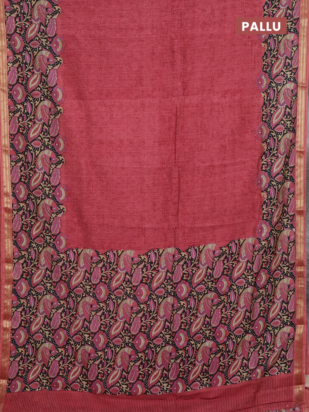 Muslin silk saree pastel maroon and black with allover prints and long kalamkari printed zari border - Image 3