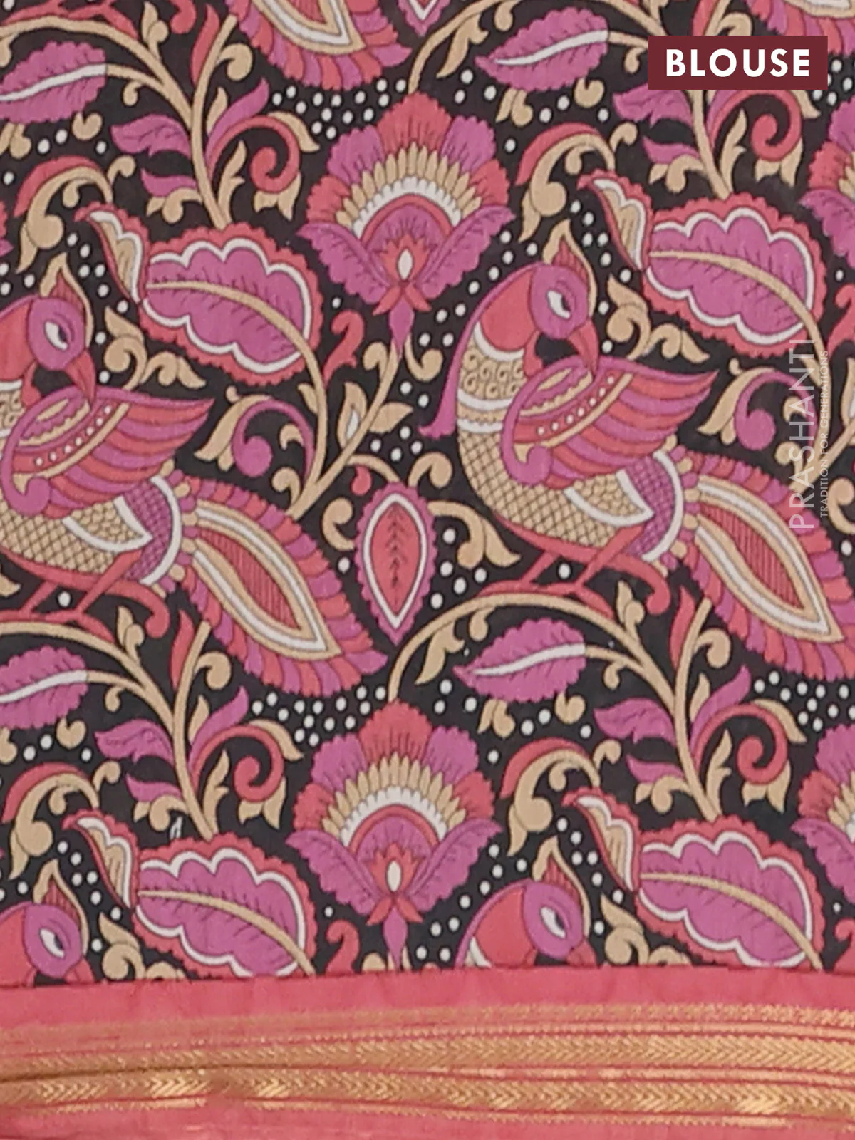 Muslin silk saree pastel maroon and black with allover prints and long kalamkari printed zari border - Image 4