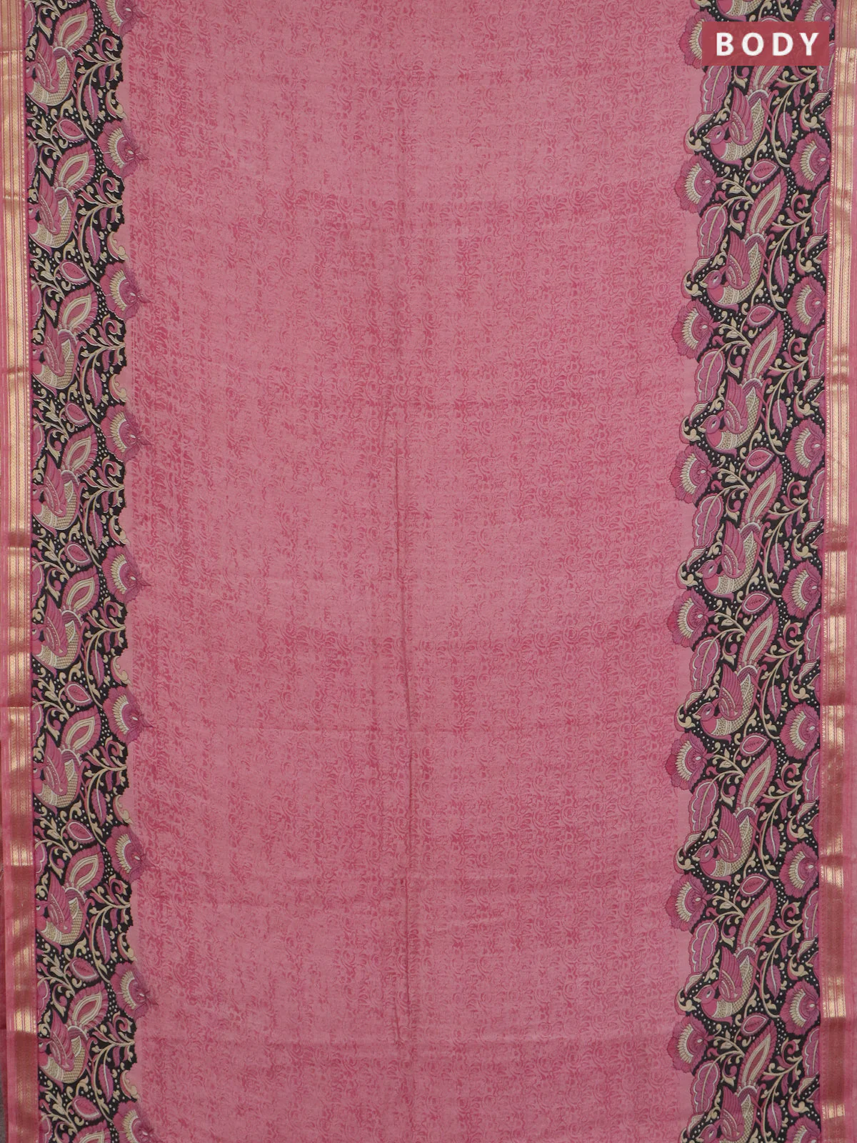 Muslin silk saree pastel pink and black with prints and long kalamkari printed zari border - Image 2