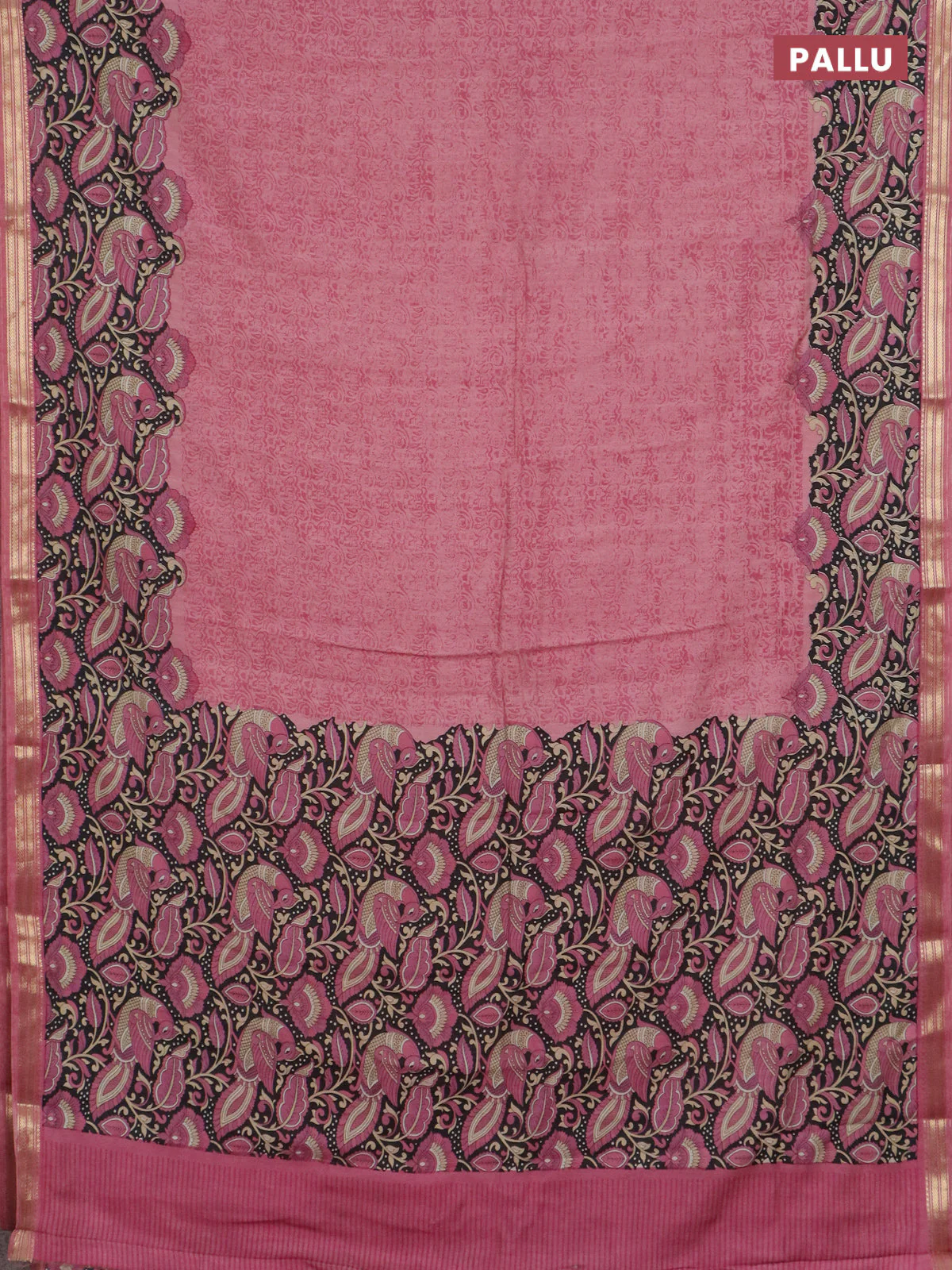 Muslin silk saree pastel pink and black with prints and long kalamkari printed zari border - Image 3