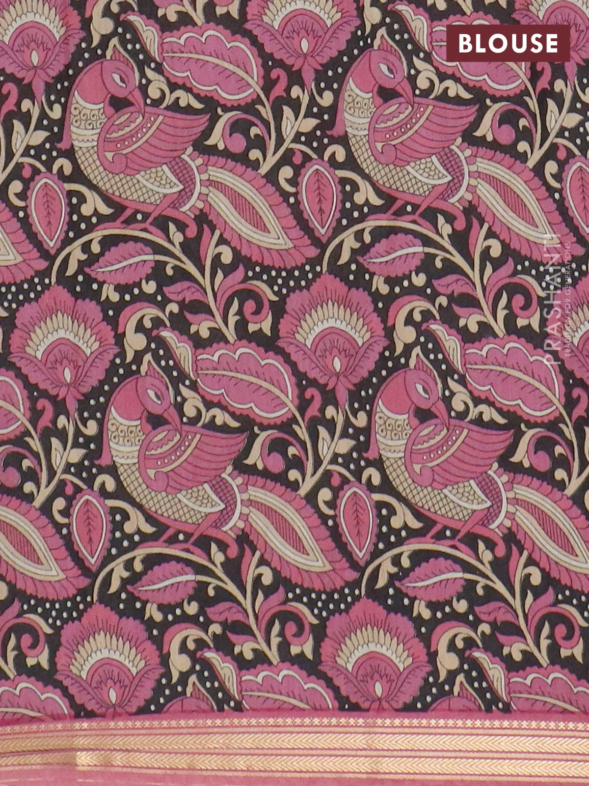 Muslin silk saree pastel pink and black with prints and long kalamkari printed zari border - Image 4