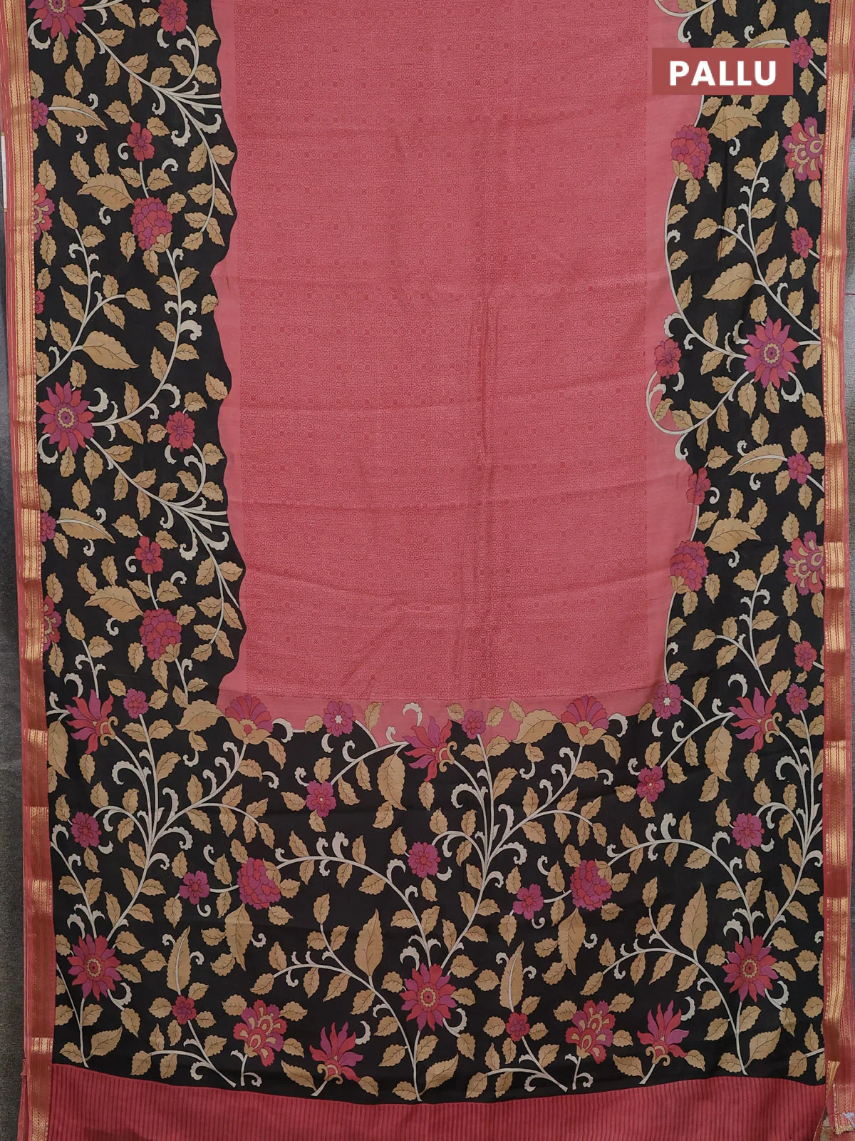 Muslin silk saree peach shade and black with allover prints and long kalamkari printed zari border - Image 3