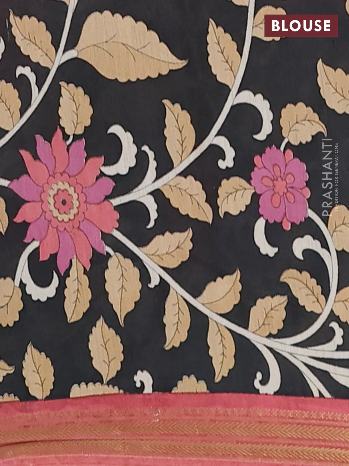 Muslin silk saree peach shade and black with allover prints and long kalamkari printed zari border - Image 4
