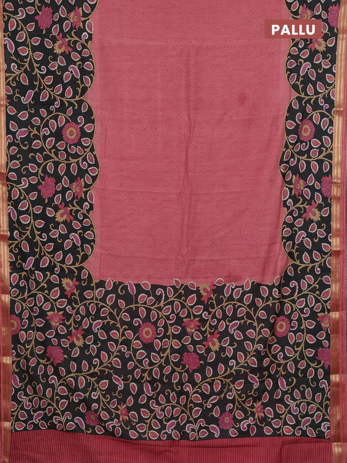 Muslin silk saree peach shade and black with allover prints and long kalamkari printed zari border - Image 3