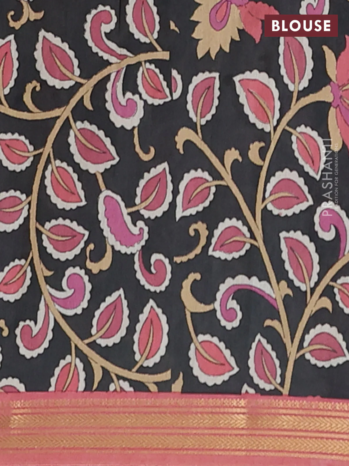 Muslin silk saree peach shade and black with allover prints and long kalamkari printed zari border - Image 4