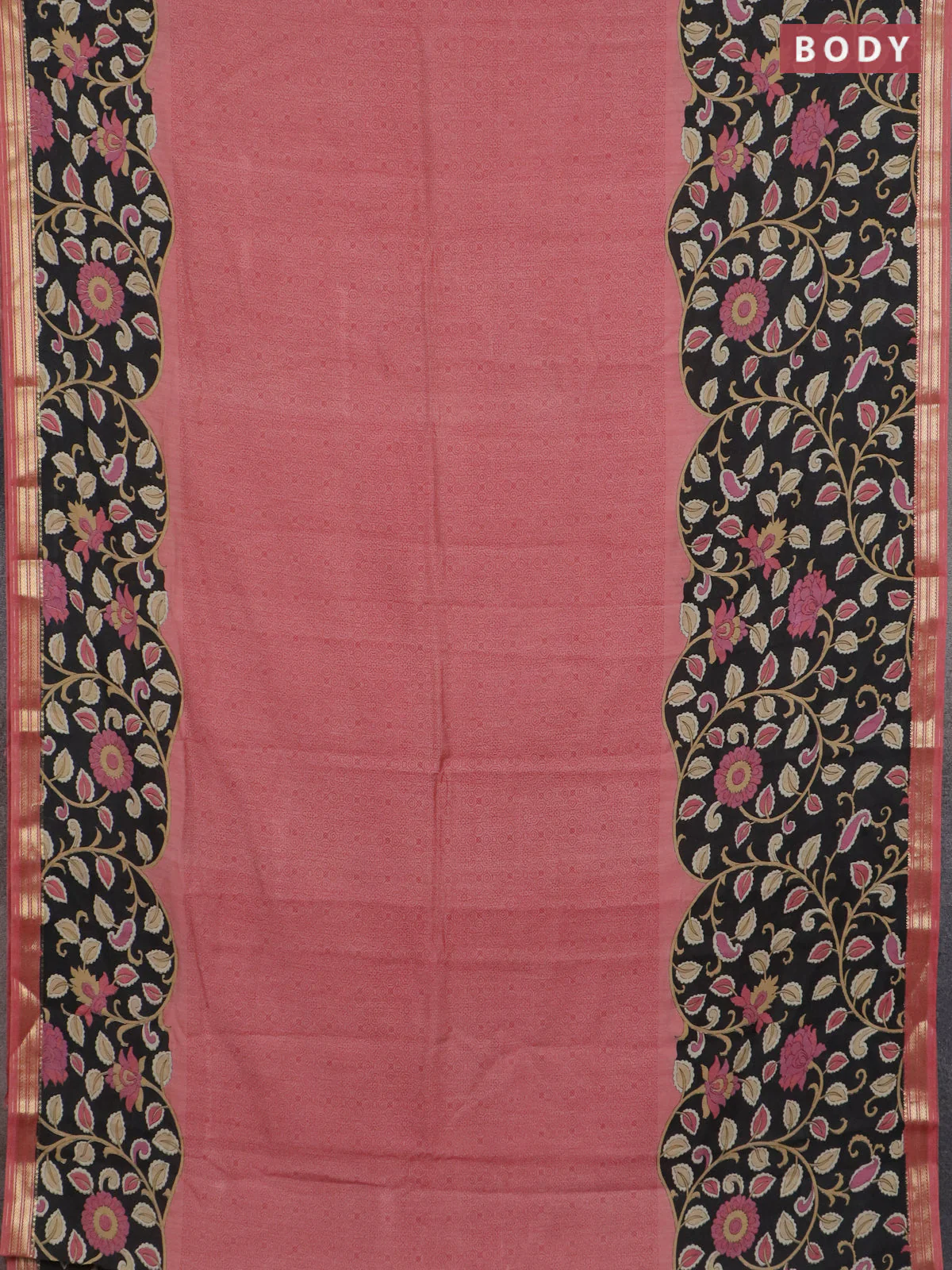 Muslin silk saree peach shade and black with prints and long kalamkari printed zari border - Image 2