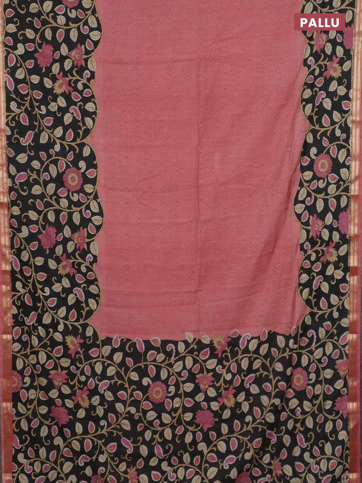 Muslin silk saree peach shade and black with prints and long kalamkari printed zari border - Image 3
