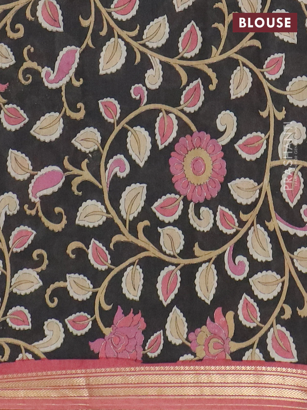 Muslin silk saree peach shade and black with prints and long kalamkari printed zari border - Image 4