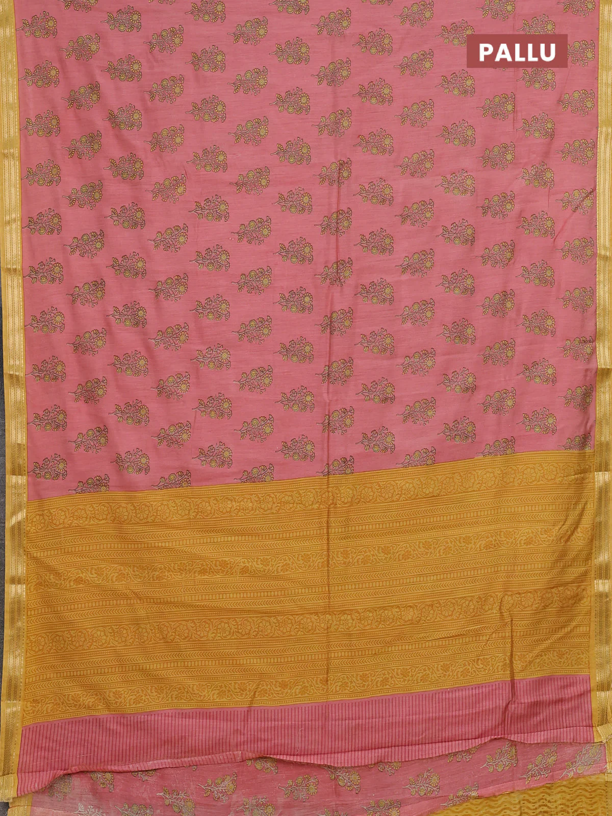 Muslin silk saree peach shade and mustard yellow with allover floral butta prints and zari woven border - Image 3