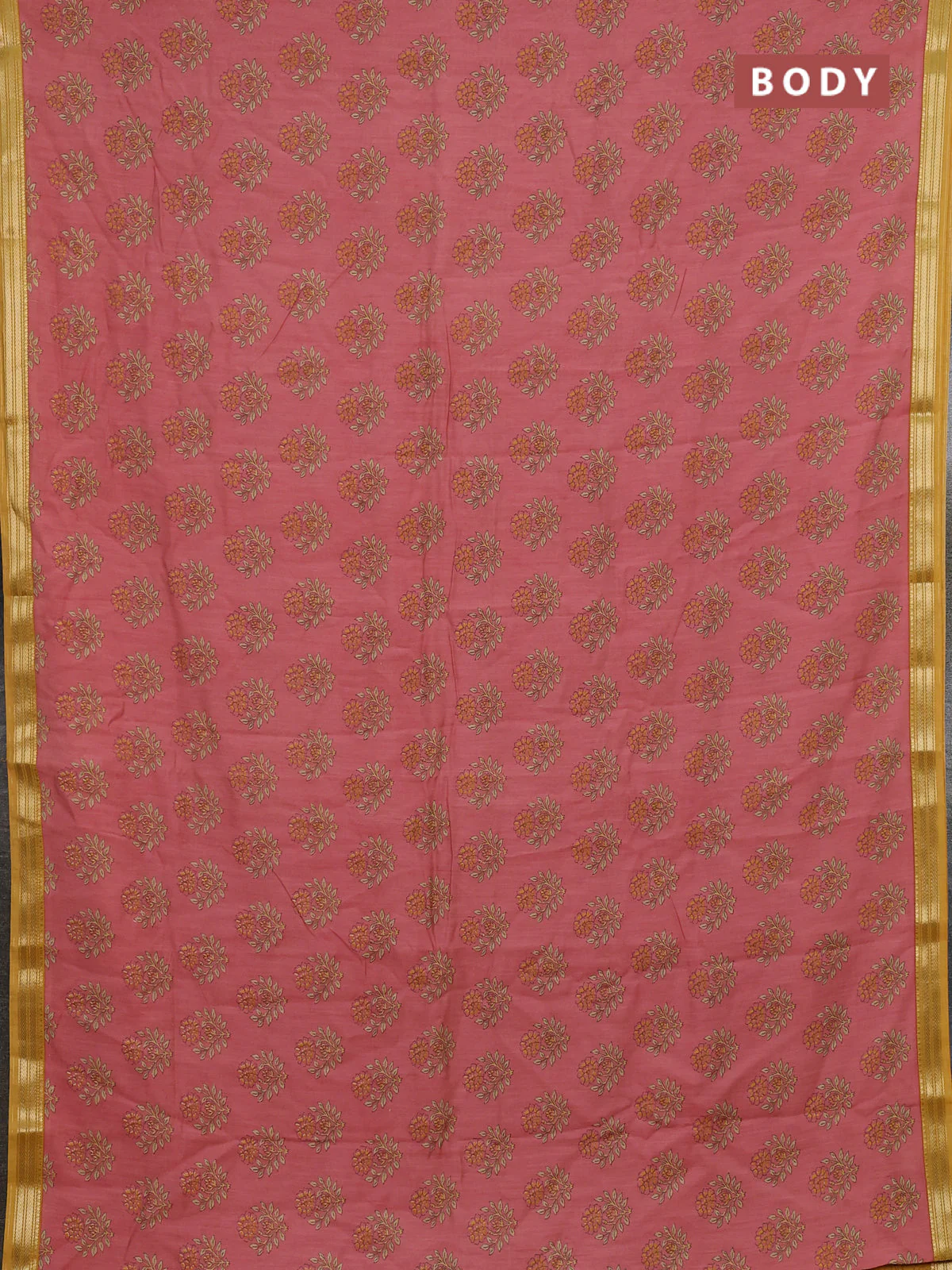 Muslin silk saree peach shade and mustard yellow with allover floral butta prints and zari woven border - Image 2