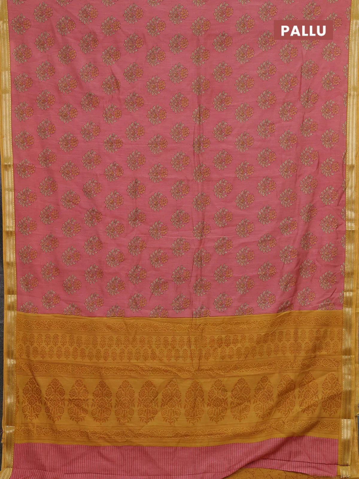 Muslin silk saree peach shade and mustard yellow with allover floral butta prints and zari woven border - Image 3