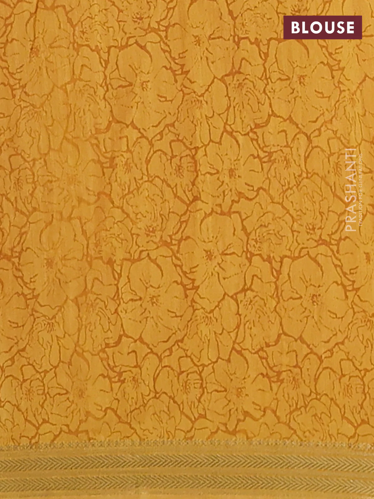 Muslin silk saree peach shade and mustard yellow with allover floral butta prints and zari woven border - Image 4