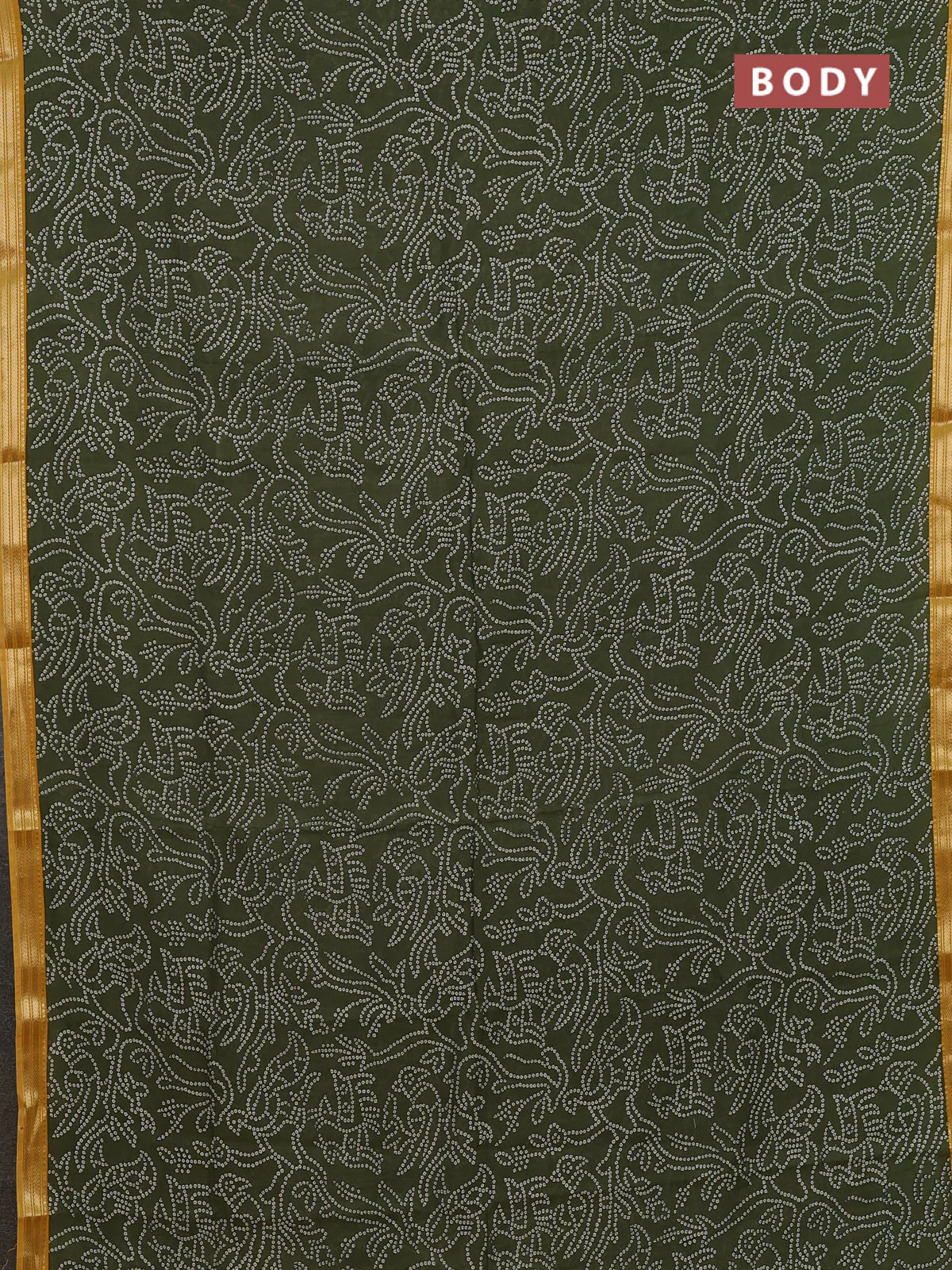 Muslin silk saree sap green and mustard yellow with allover bandhani prints and zari woven border - Image 2