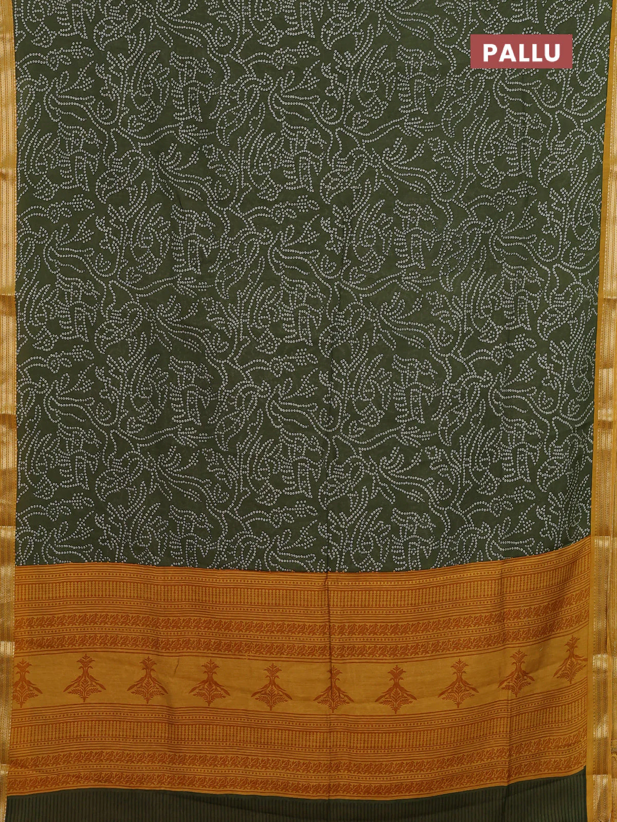 Muslin silk saree sap green and mustard yellow with allover bandhani prints and zari woven border - Image 3