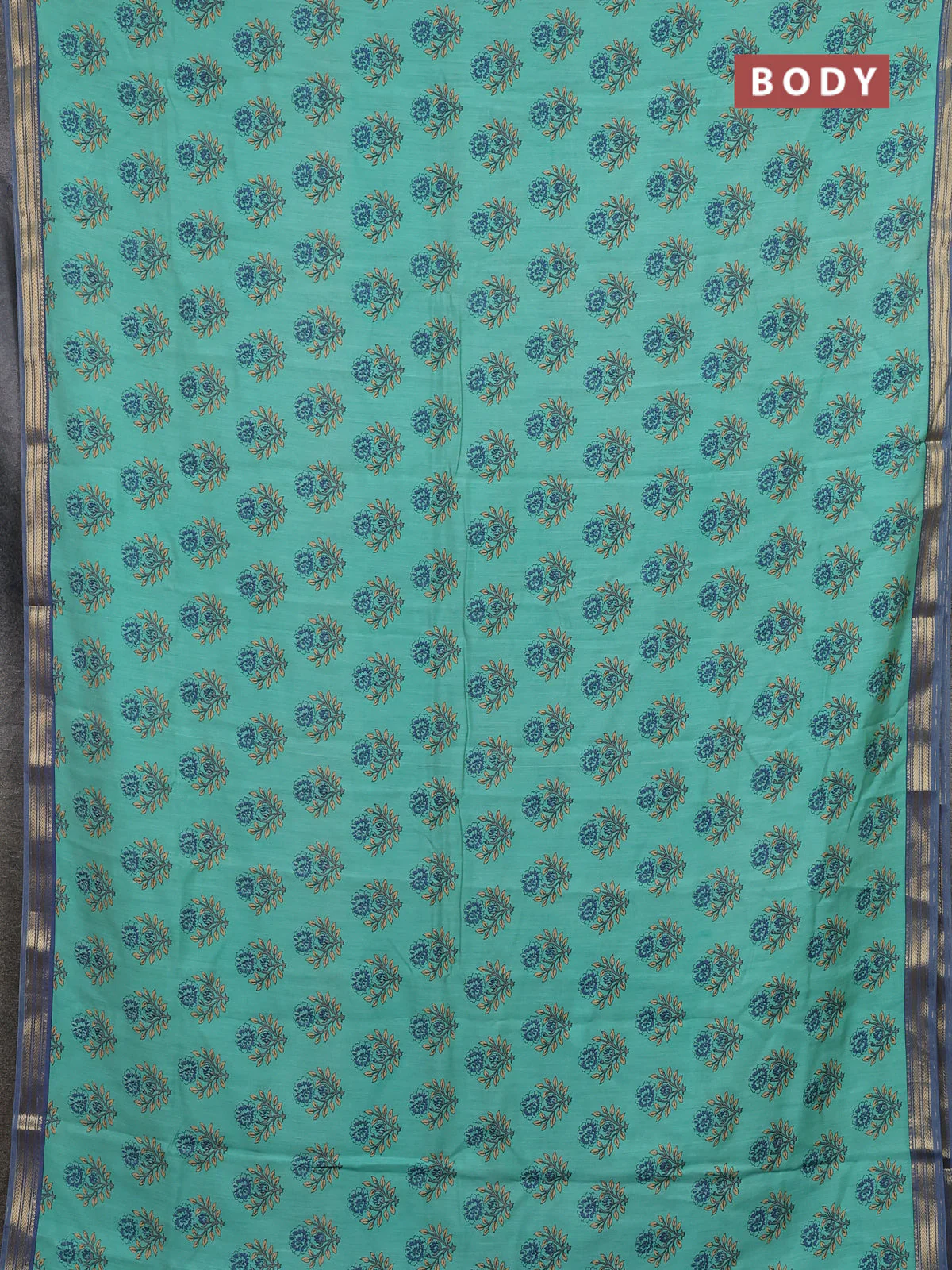 Muslin silk saree teal green and blue shade with allover floral butta prints and zari woven border - Image 2