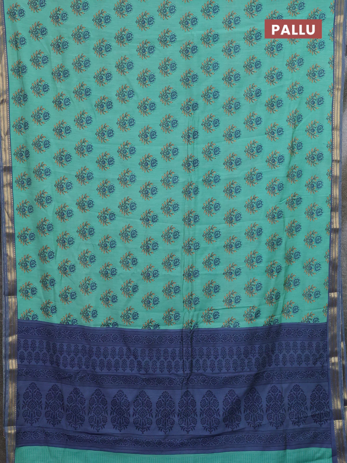 Muslin silk saree teal green and blue shade with allover floral butta prints and zari woven border - Image 3