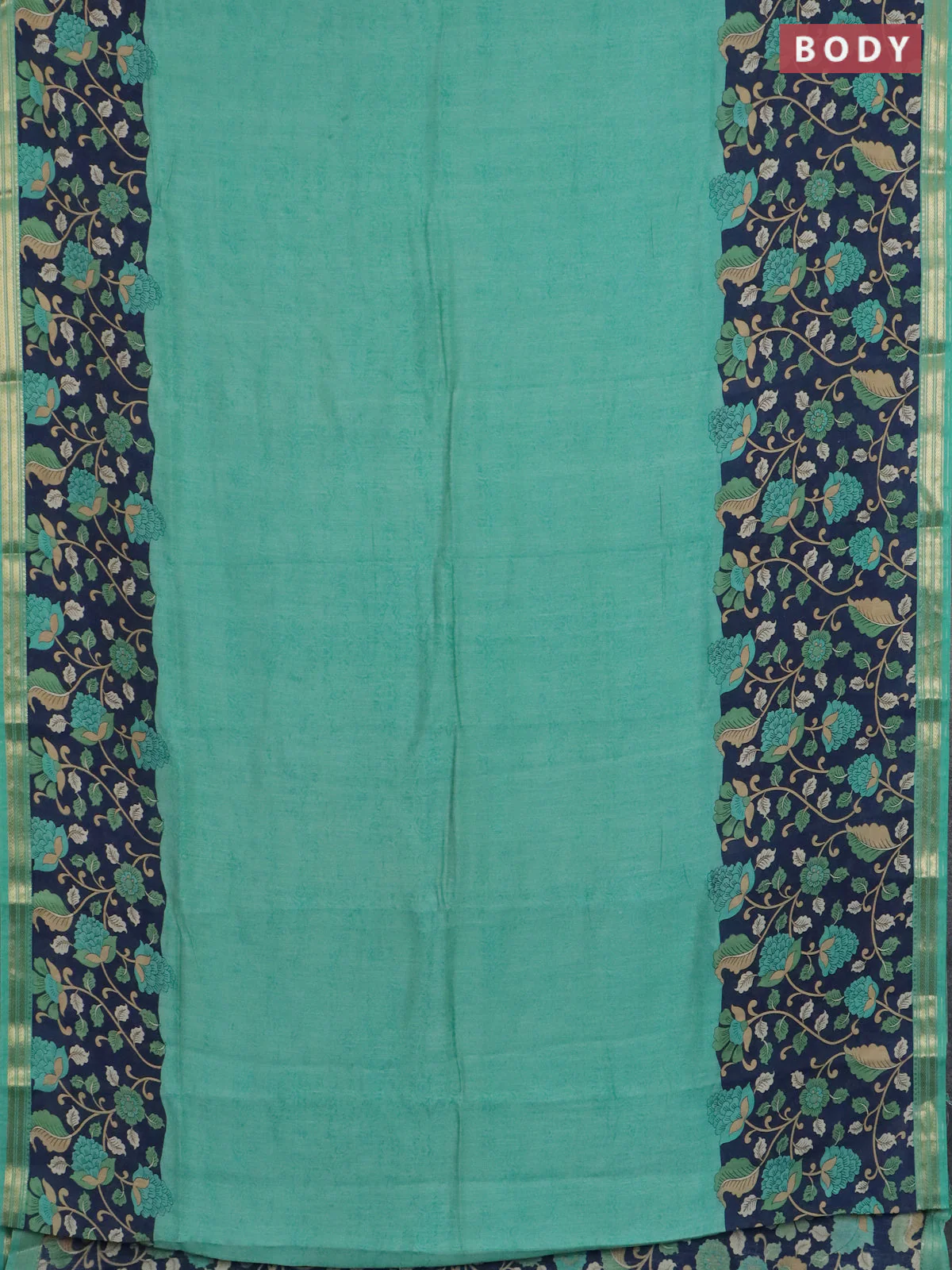 Muslin silk saree teal green and navy blue with prints and long kalamkari printed zari border - Image 2