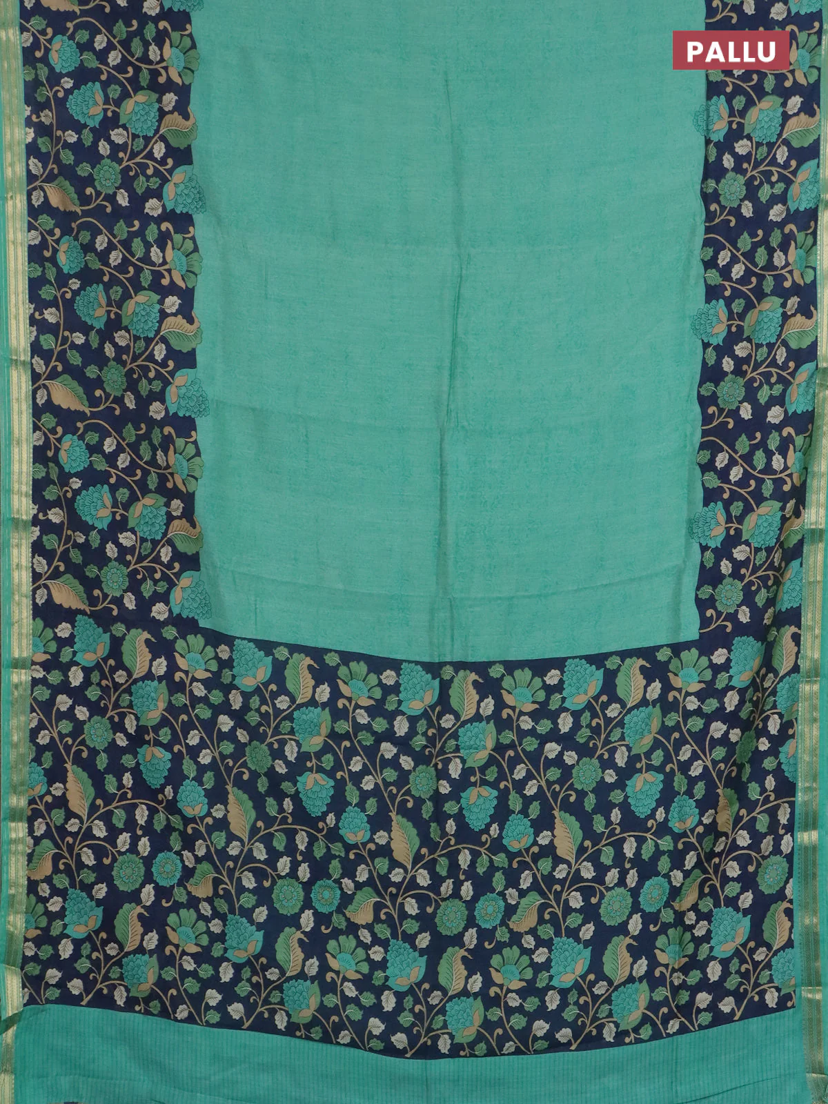 Muslin silk saree teal green and navy blue with prints and long kalamkari printed zari border - Image 3