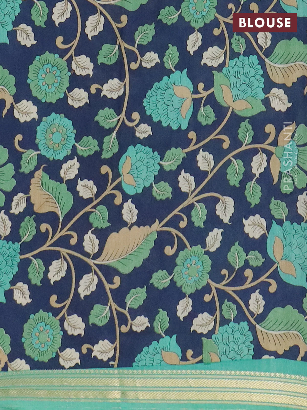 Muslin silk saree teal green and navy blue with prints and long kalamkari printed zari border - Image 4