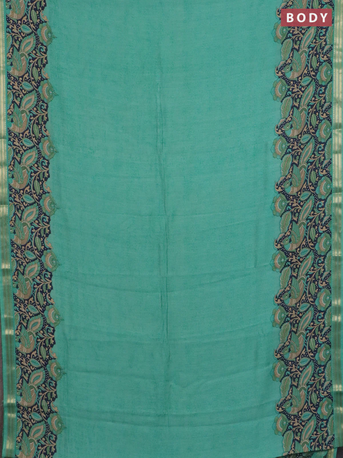 Muslin silk saree teal green and navy blue with prints and long kalamkari printed zari border - Image 2