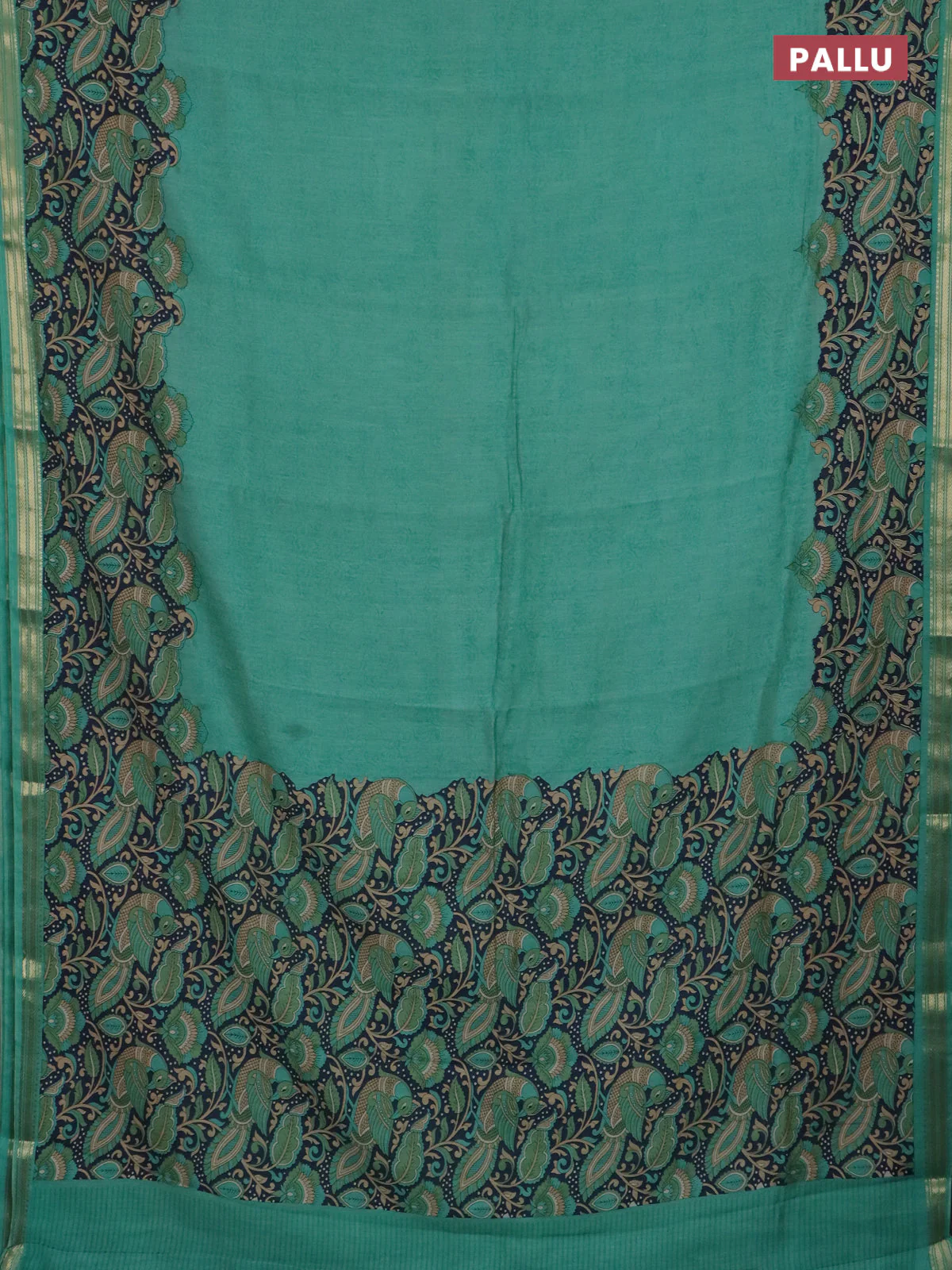 Muslin silk saree teal green and navy blue with prints and long kalamkari printed zari border - Image 3