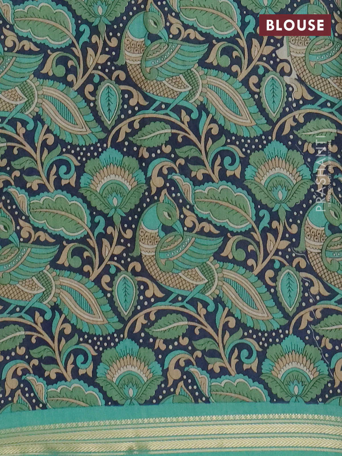 Muslin silk saree teal green and navy blue with prints and long kalamkari printed zari border - Image 4