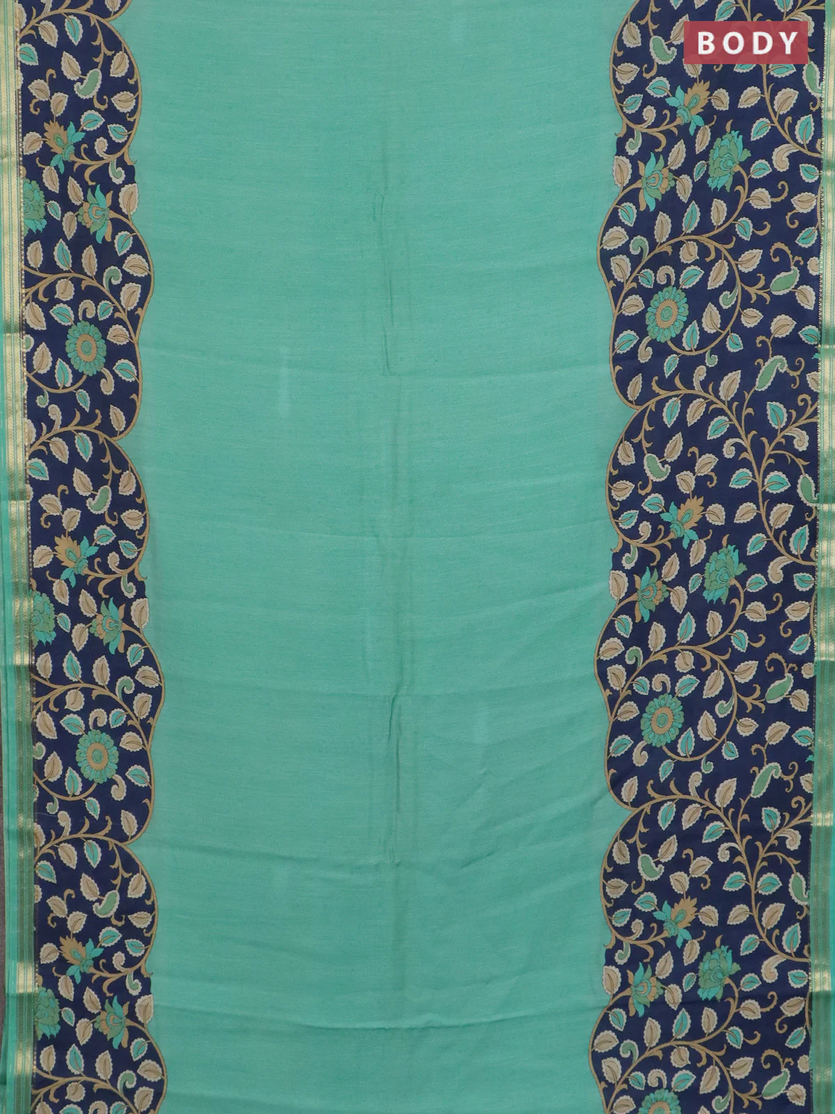 Muslin silk saree teal green and navy blue with prints and long kalamkari printed zari border - Image 2