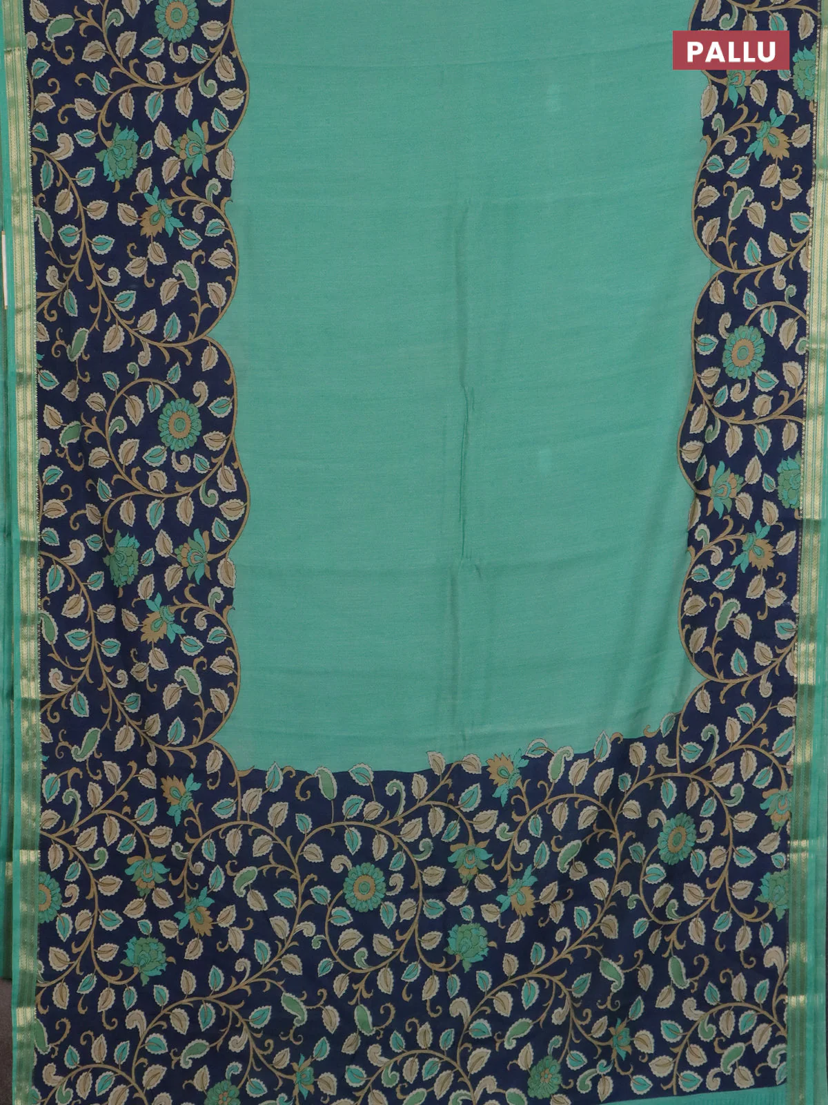 Muslin silk saree teal green and navy blue with prints and long kalamkari printed zari border - Image 3