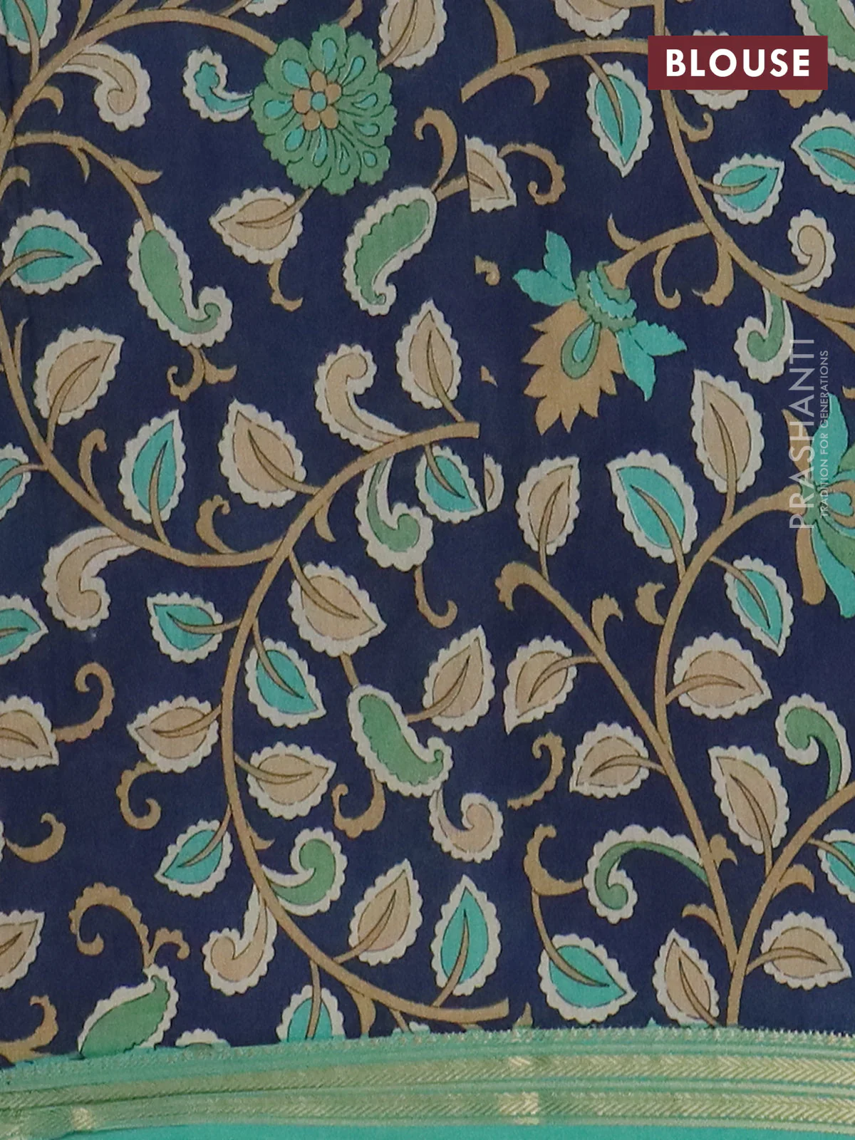 Muslin silk saree teal green and navy blue with prints and long kalamkari printed zari border - Image 4