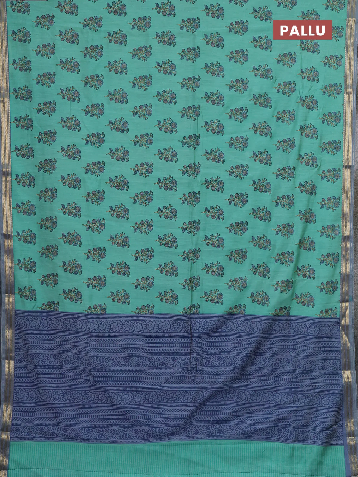 Muslin silk saree teal green shade and grey with allover floral butta prints and zari woven border - Image 3