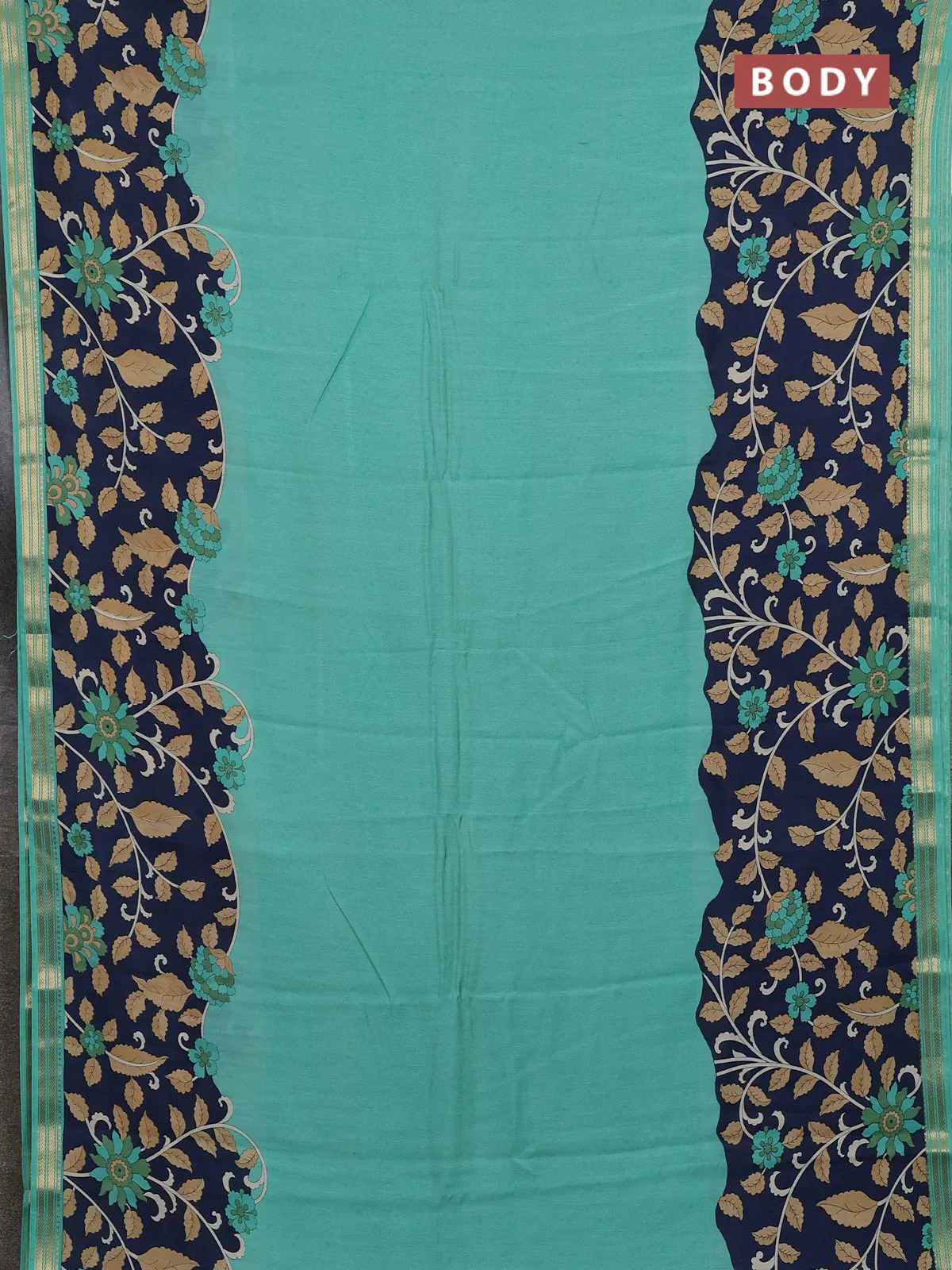 Muslin silk saree teal green shade and navy blue with allover prints and long kalamkari printed zari border - Image 2