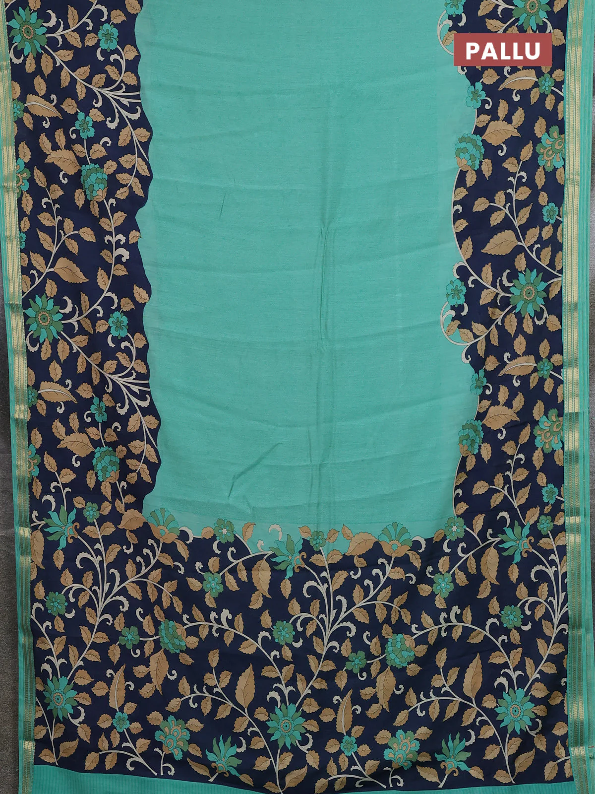 Muslin silk saree teal green shade and navy blue with allover prints and long kalamkari printed zari border - Image 3