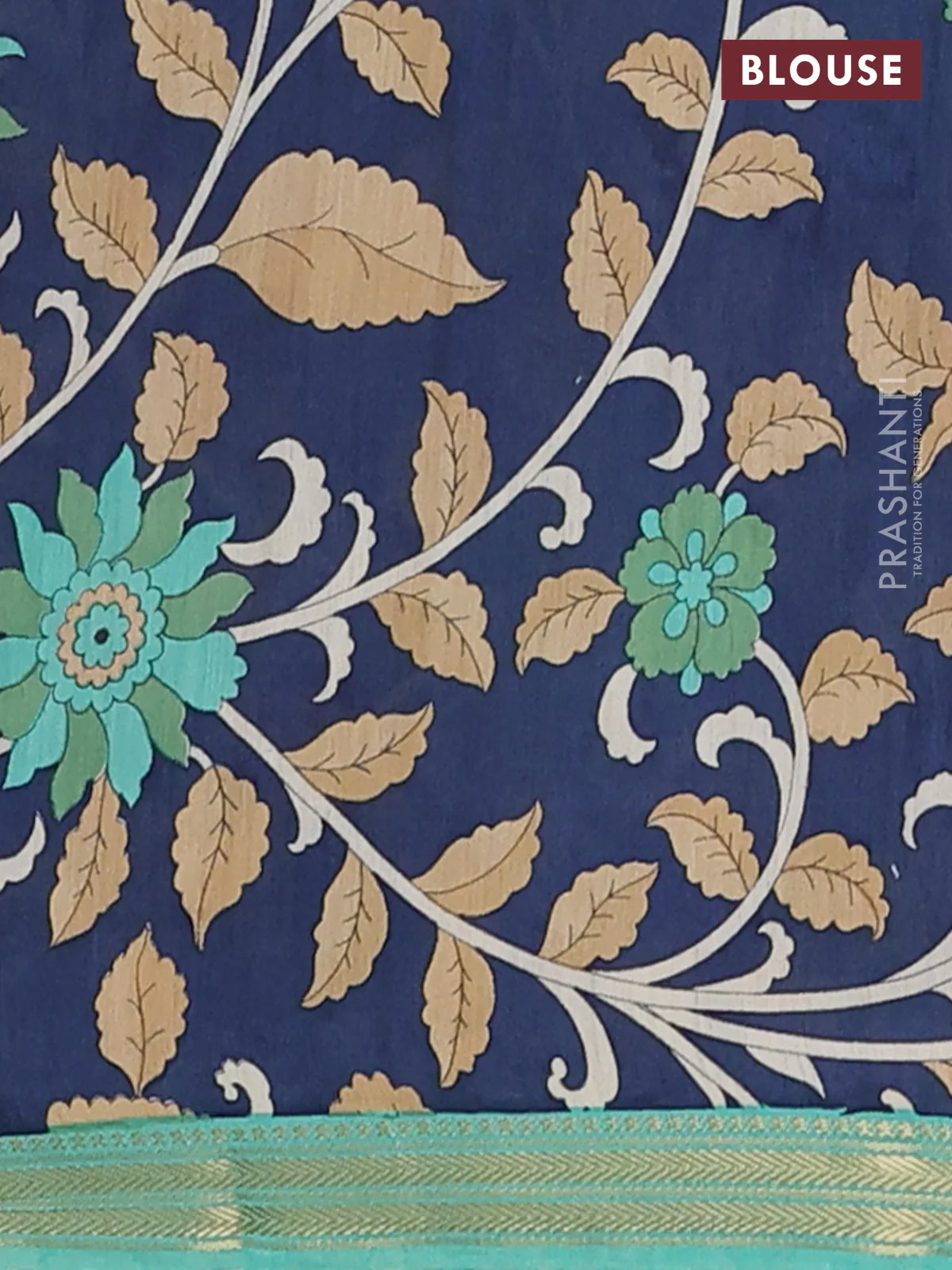 Muslin silk saree teal green shade and navy blue with allover prints and long kalamkari printed zari border - Image 4