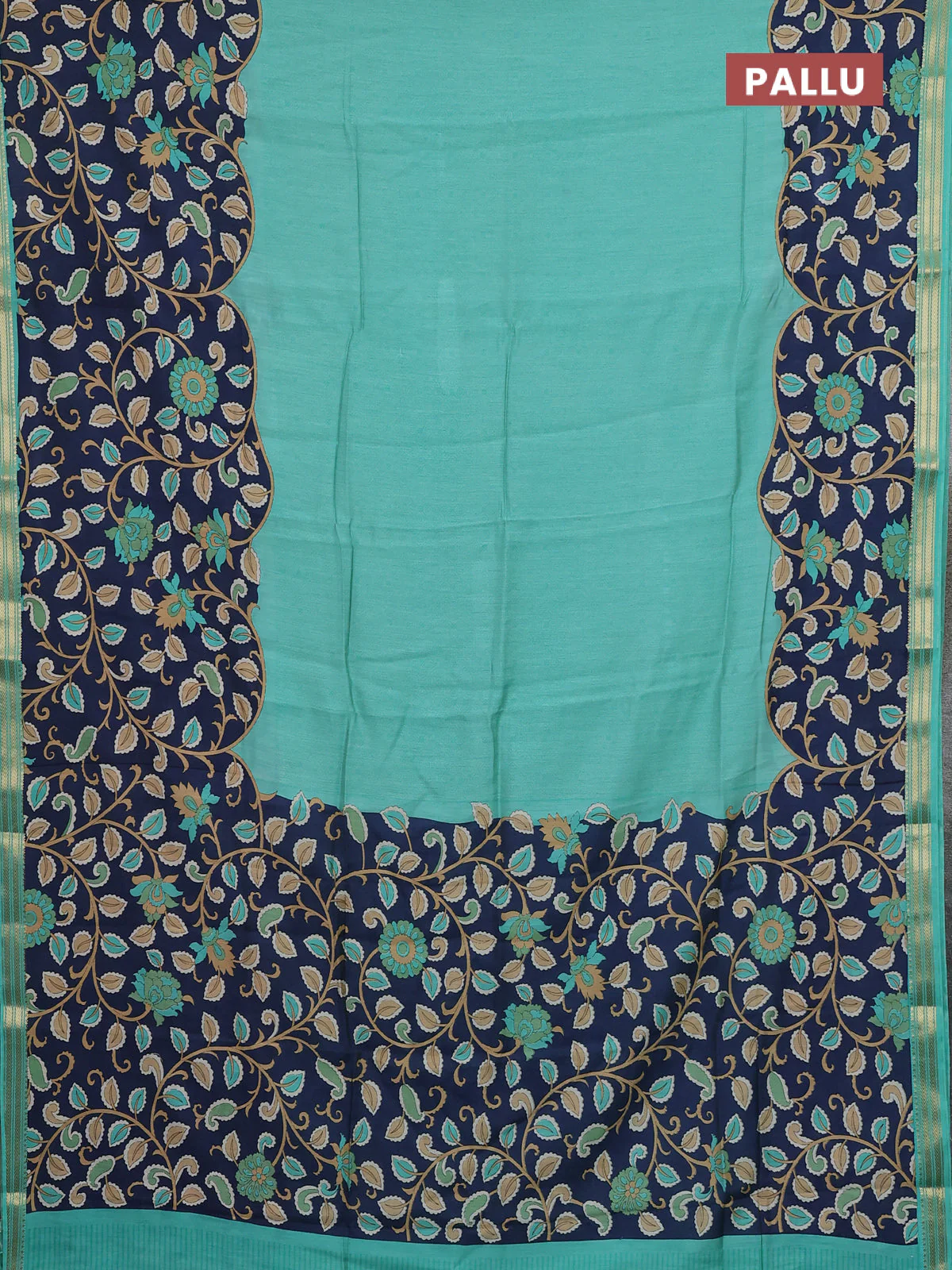 Muslin silk saree teal green shade and navy blue with allover prints and long kalamkari printed zari border - Image 3