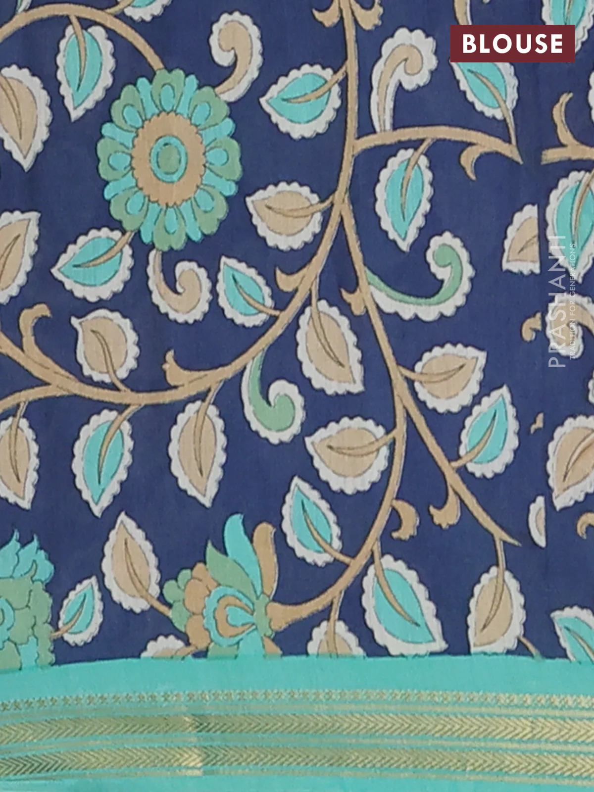 Muslin silk saree teal green shade and navy blue with allover prints and long kalamkari printed zari border - Image 4