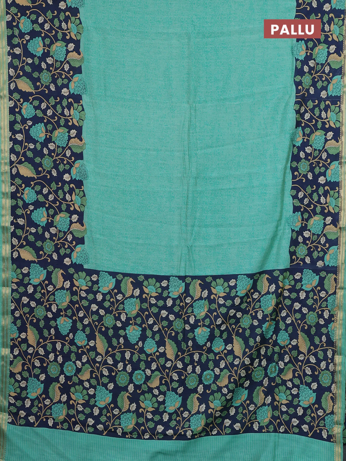 Muslin silk saree teal green shade and navy blue with allover prints and long kalamkari printed zari border - Image 3
