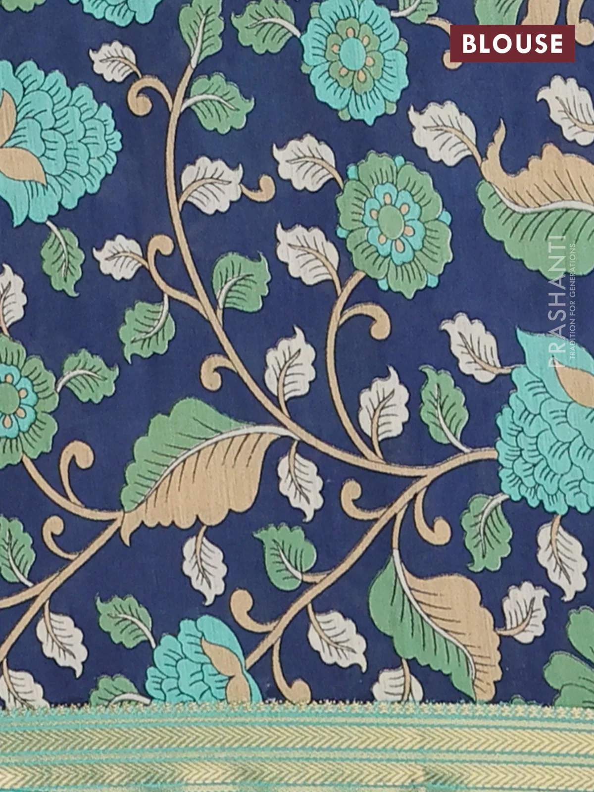 Muslin silk saree teal green shade and navy blue with allover prints and long kalamkari printed zari border - Image 4