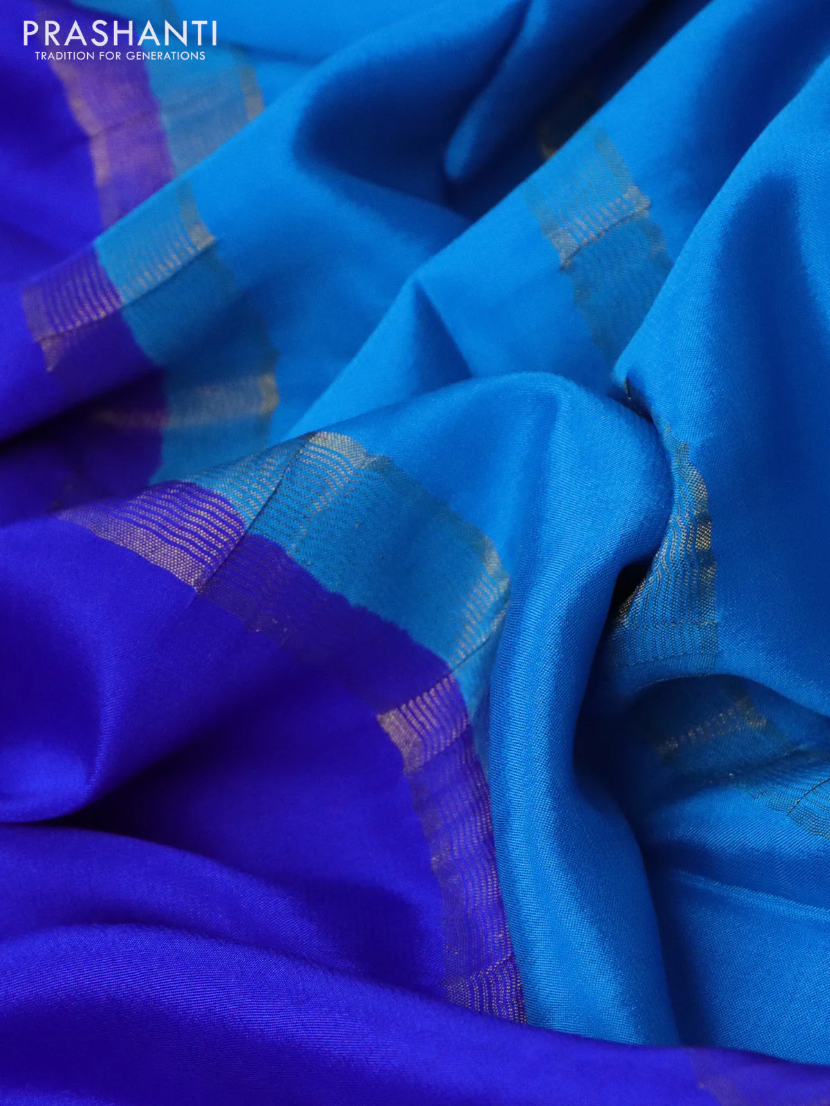 Mysore silk saree royal blue and cs blue magenta pink with plain body and rettapet zari woven border - Image 3