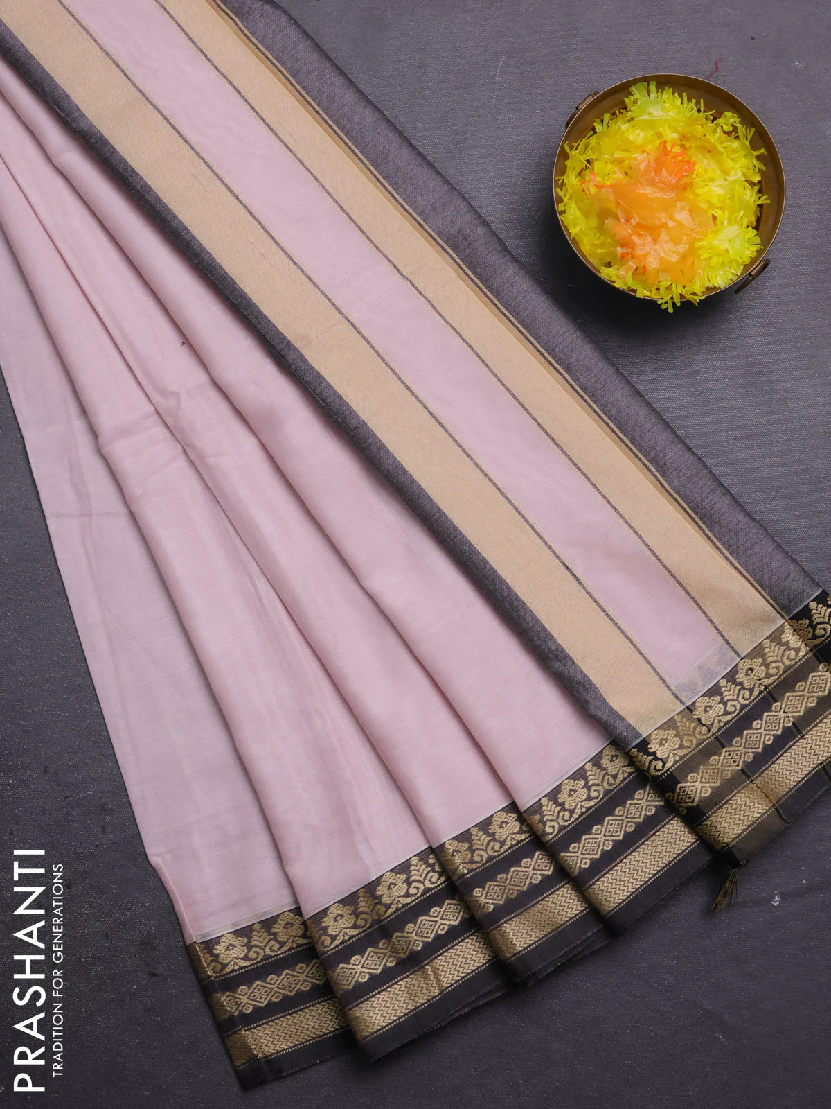 Narayanpet cotton saree baby pink and black with plain body and thread woven border