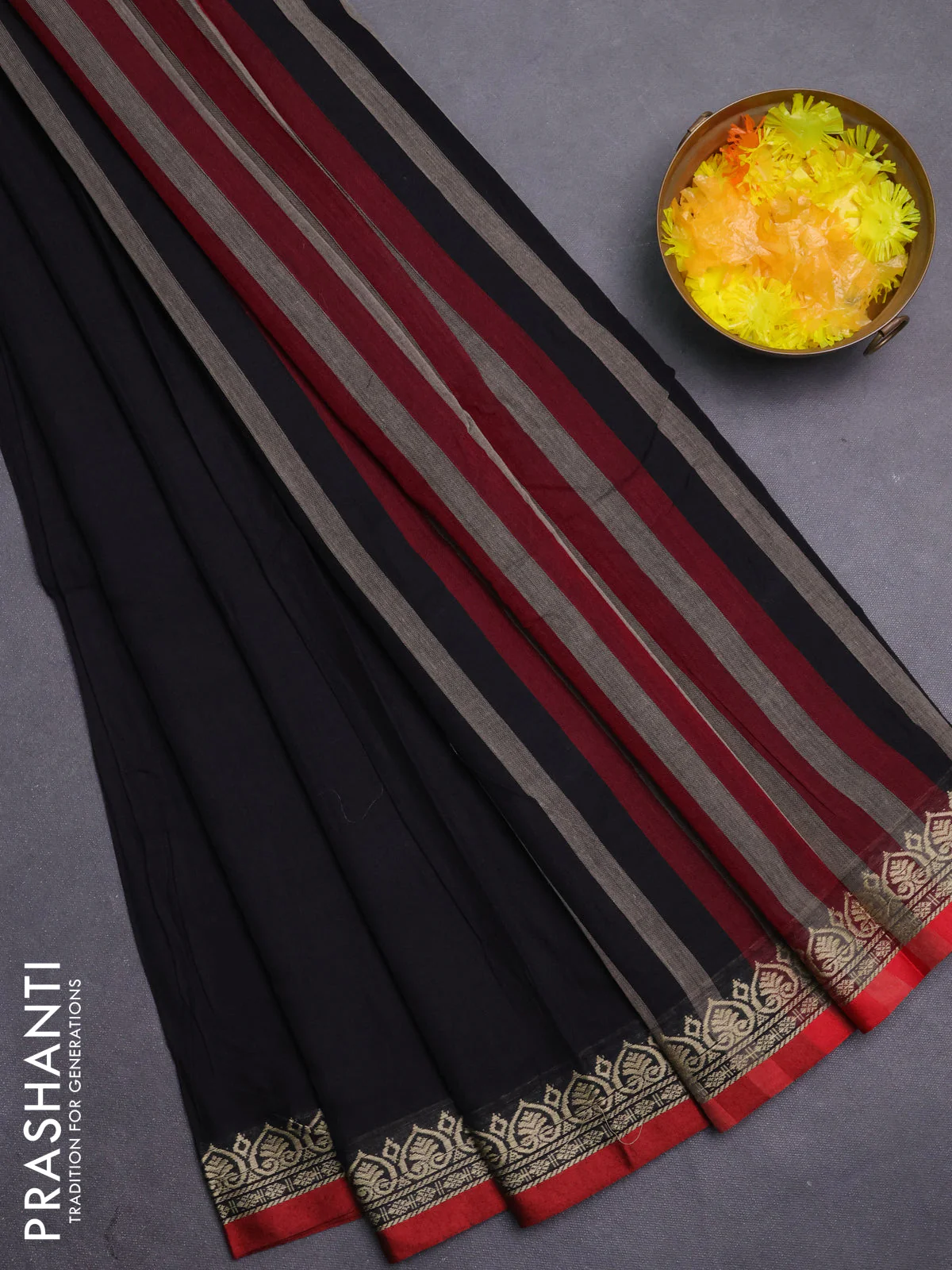 Narayanpet cotton saree black and maroon with plain body and thread woven border
