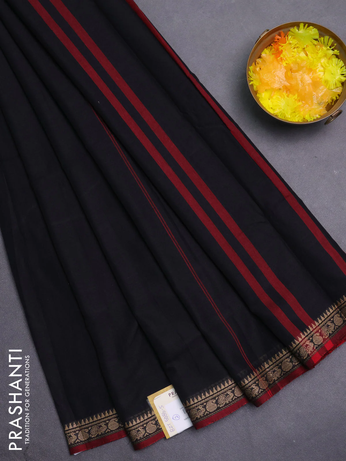 Narayanpet cotton saree black and maroon with plain body and thread woven border