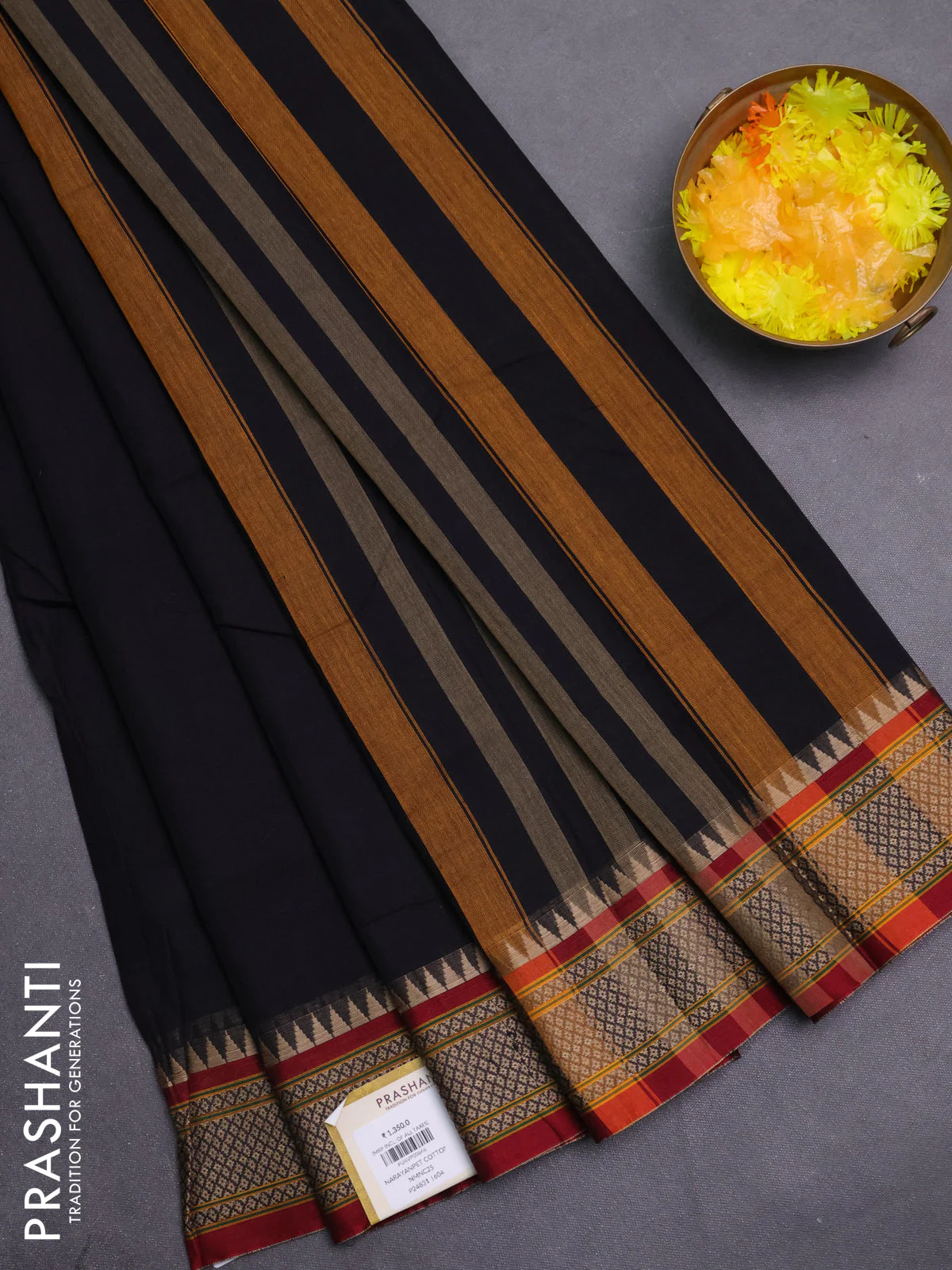 Narayanpet cotton saree black and maroon with plain body and thread woven border