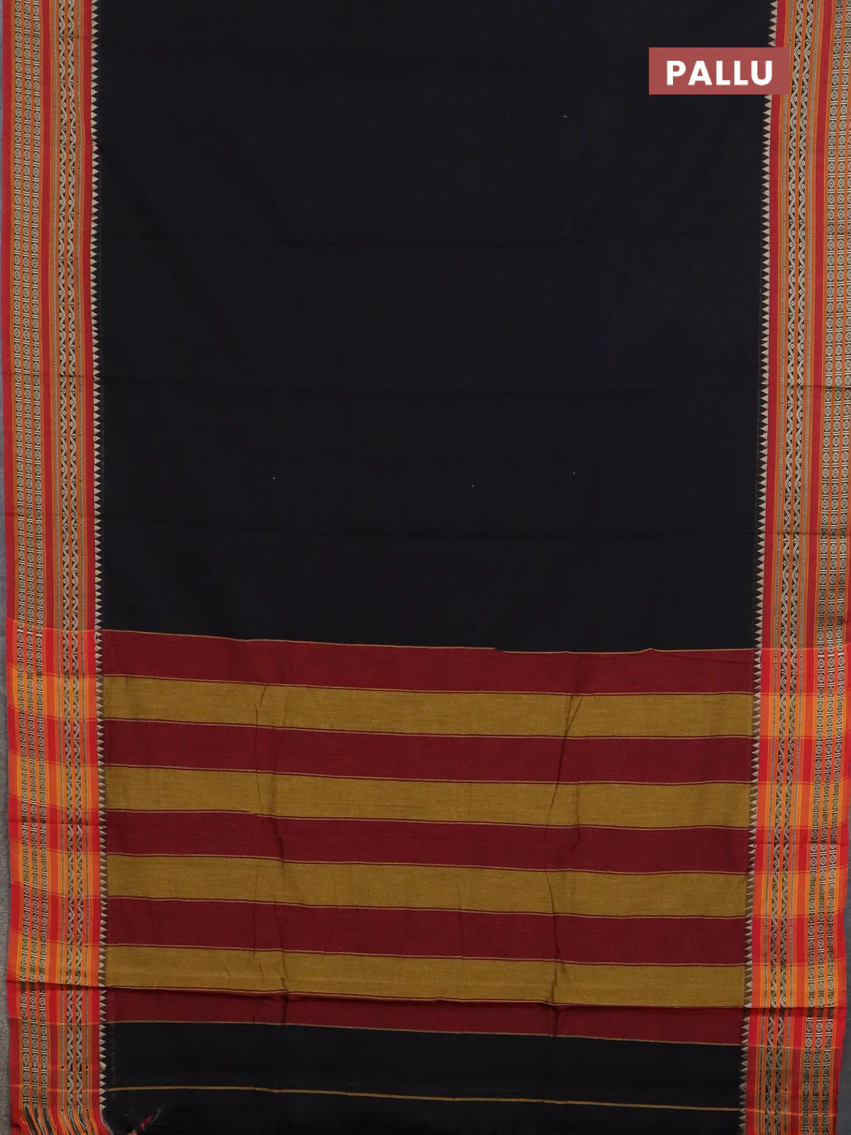Narayanpet cotton saree black and rust shade with plain body and thread woven border - Image 3