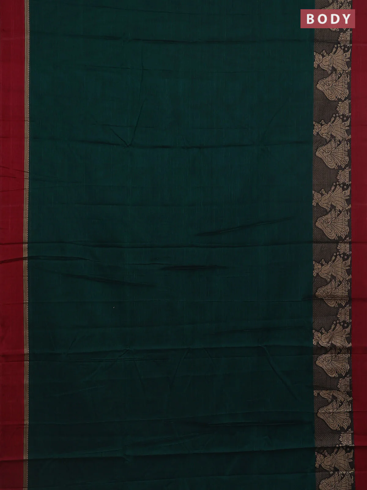 Narayanpet cotton saree bottel green and maroon with plain body and thread woven simple border - Image 2