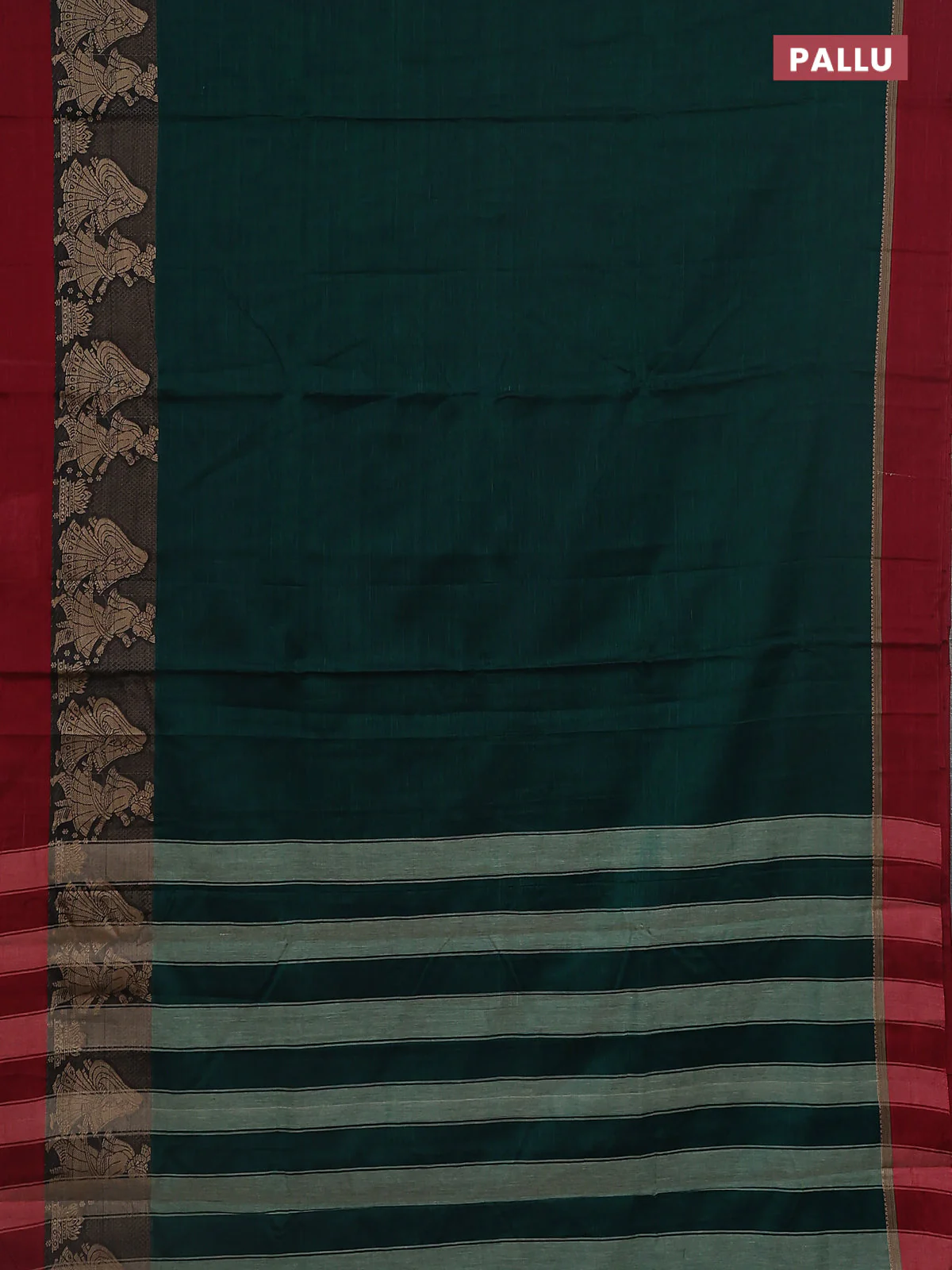Narayanpet cotton saree bottel green and maroon with plain body and thread woven simple border - Image 3