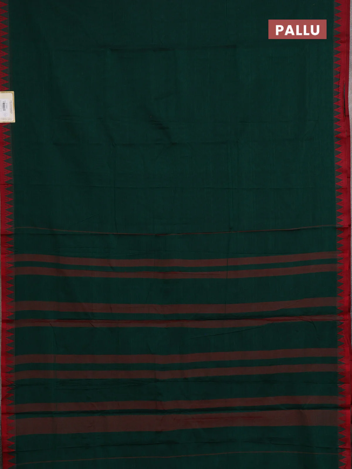 Narayanpet cotton saree bottle green and maroon with plain body and temple thread woven border - Image 3