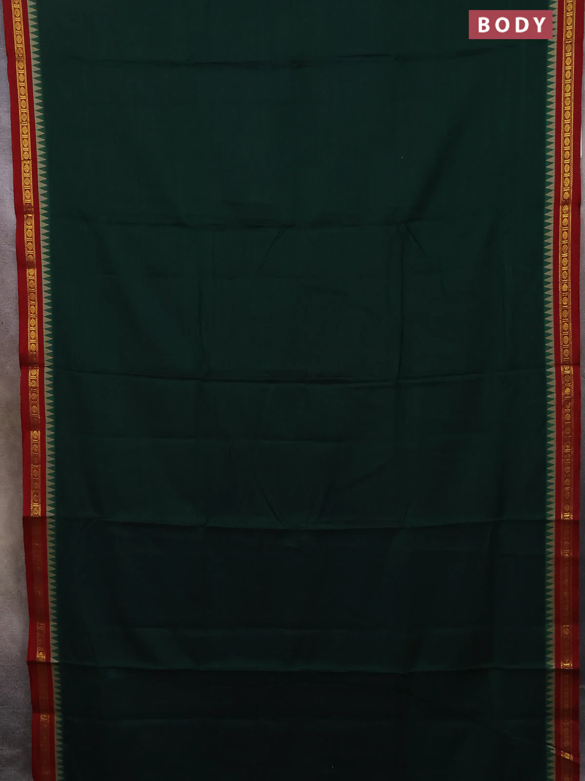 Narayanpet cotton saree bottle green and maroon with plain body and temple thread woven butta border - Image 2